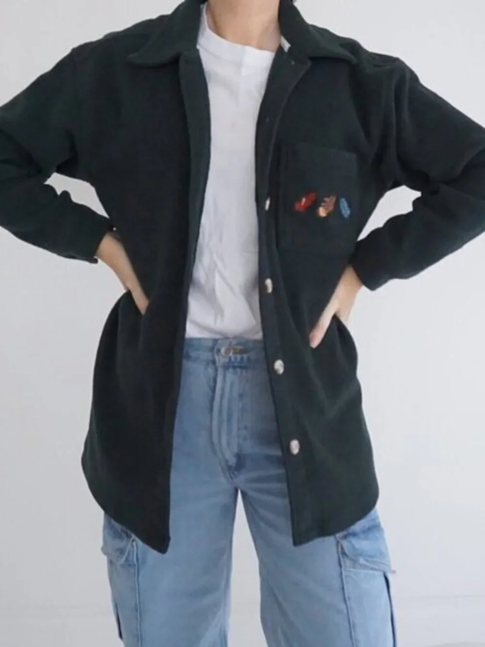 Vintage '90S Cherokee Hunter Green Embroidered Feathers Button Up Shacket S - Picture 1 of 10